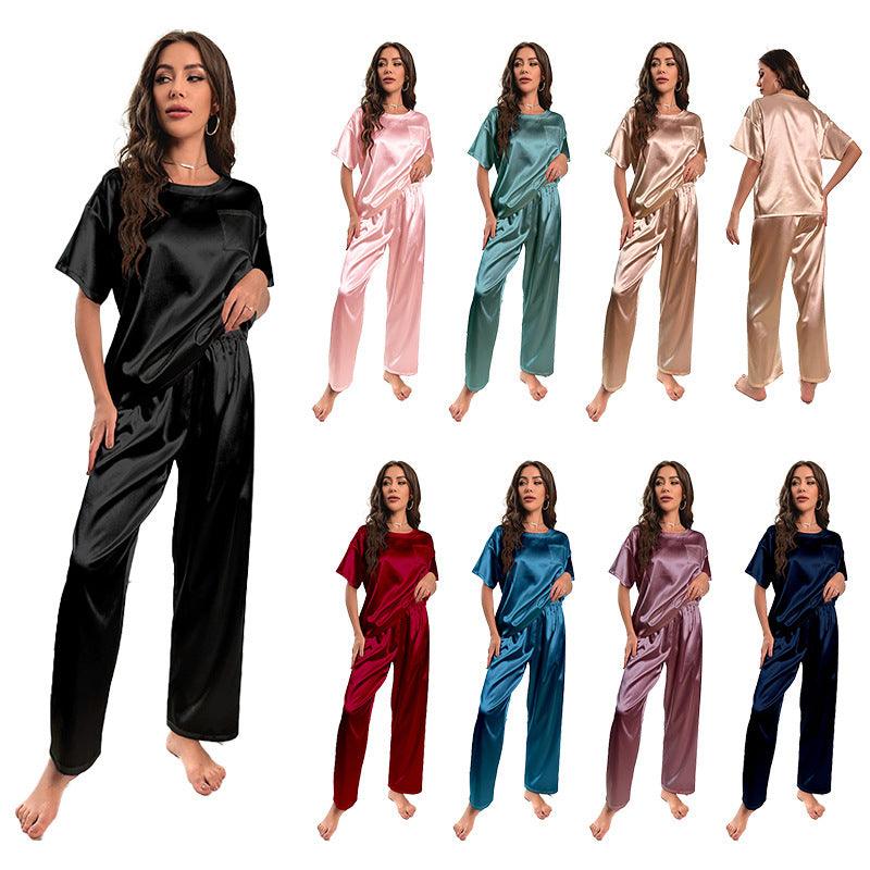 Chic Ice Silk Summer Pajama Set for Women with Short Sleeves and Trousers - Vogue Aura