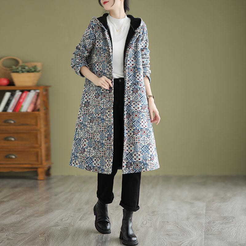 Chic Mid-Length Hooded Jacket with Fleece Lining and Print - Vogue Aura