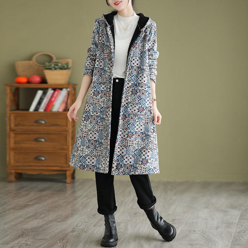 Chic Mid-Length Hooded Jacket with Fleece Lining and Print - Vogue Aura