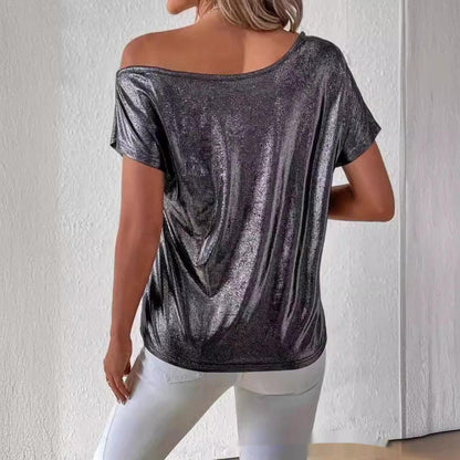 Elegant Off-the-Shoulder Sequined Slim-Fit Top in Silver Gray - Vogue Aura