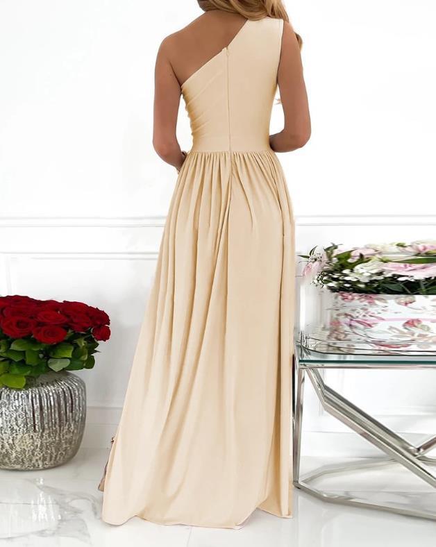 Chic One-Shoulder High Slit Maxi Dress with Elegant Cutout for Sophisticated Occasions - Vogue Aura