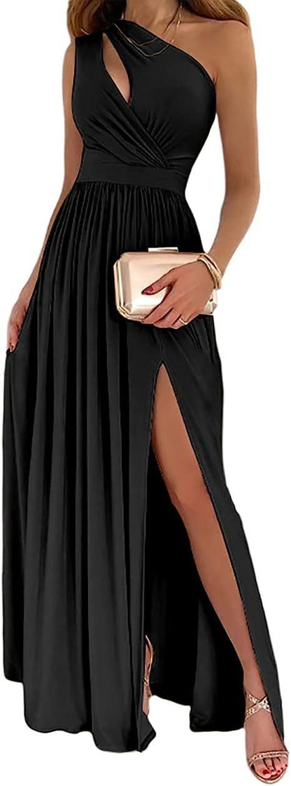 Chic One-Shoulder High Slit Maxi Dress with Elegant Cutout for Sophisticated Occasions - Vogue Aura