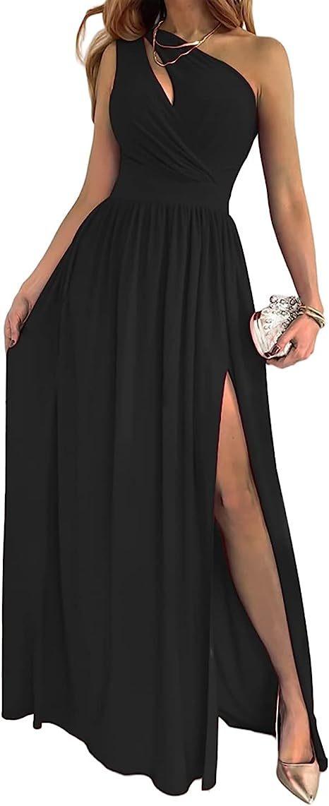 Chic One-Shoulder High Slit Maxi Dress with Elegant Cutout for Sophisticated Occasions - Vogue Aura