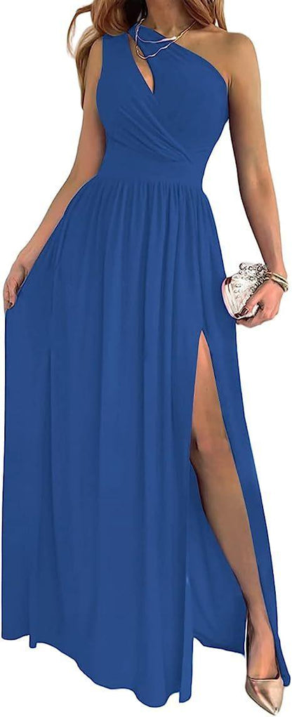 Chic One-Shoulder High Slit Maxi Dress with Elegant Cutout for Sophisticated Occasions - Vogue Aura