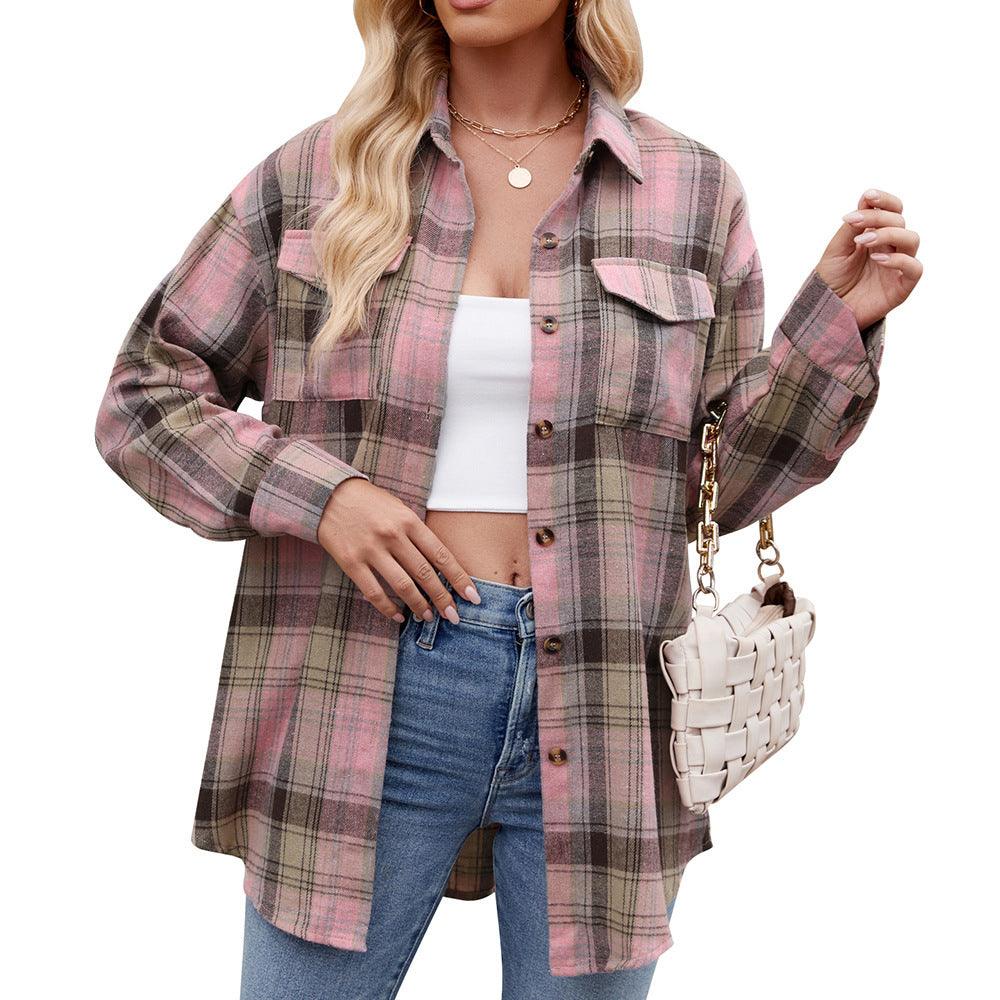 Chic Oversized Plaid Pocket Shirt for Women - Vogue Aura