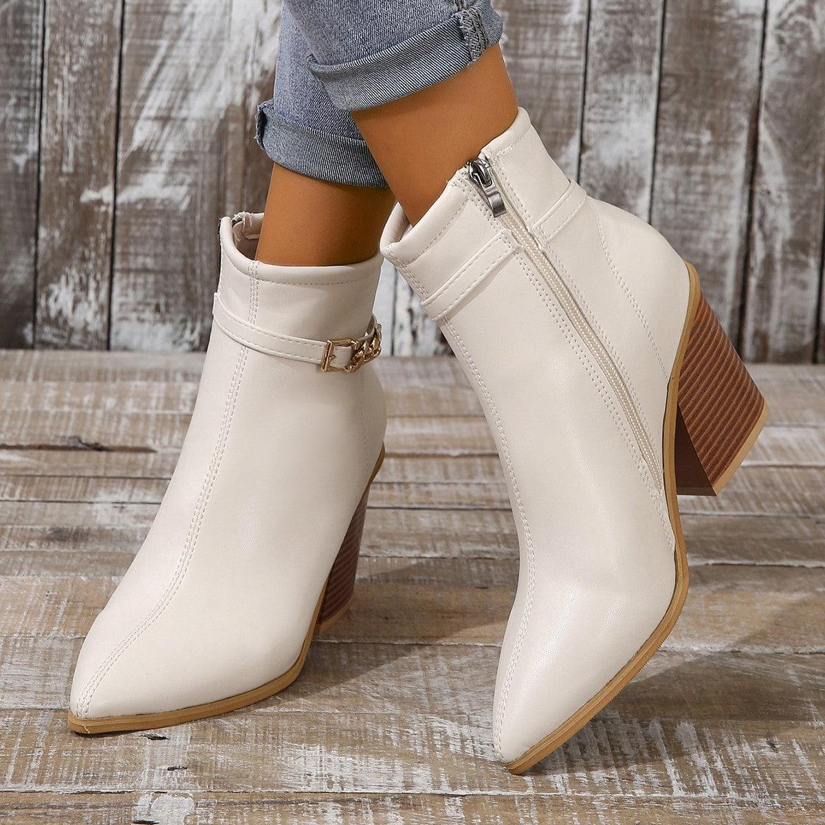 Chic Plus Size Milky White Chunky Heel Martin Boots for Women - Vogue Aura