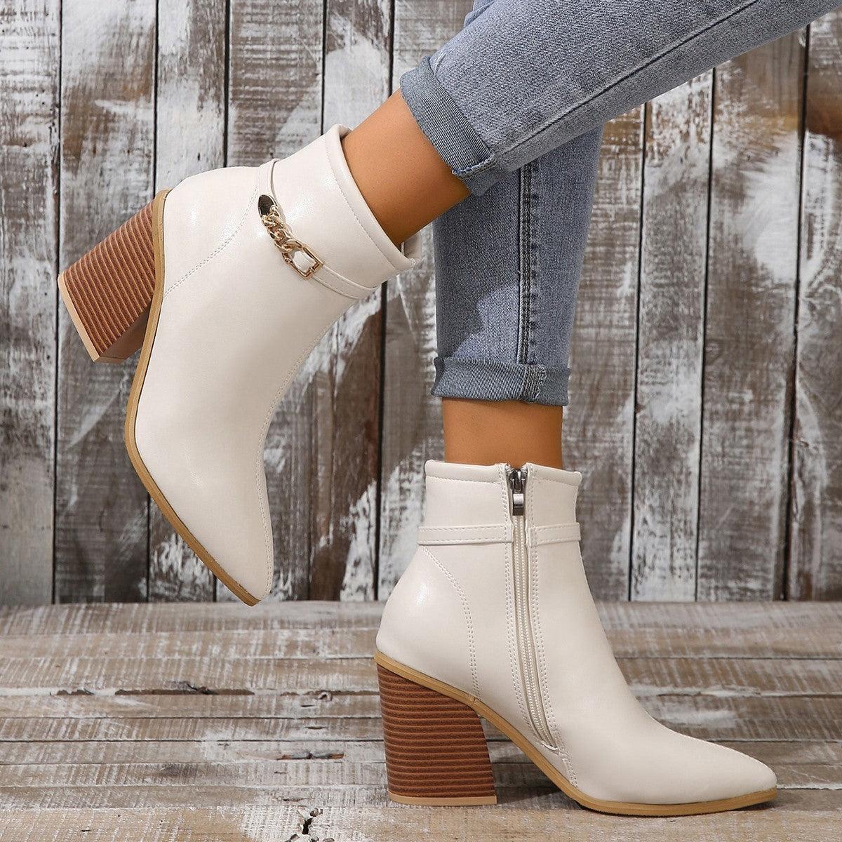 Chic Plus Size Milky White Chunky Heel Boots for Women - Vogue Aura