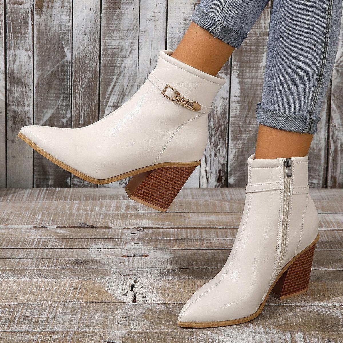 Chic Plus Size Milky White Chunky Heel Martin Boots for Women - Vogue Aura