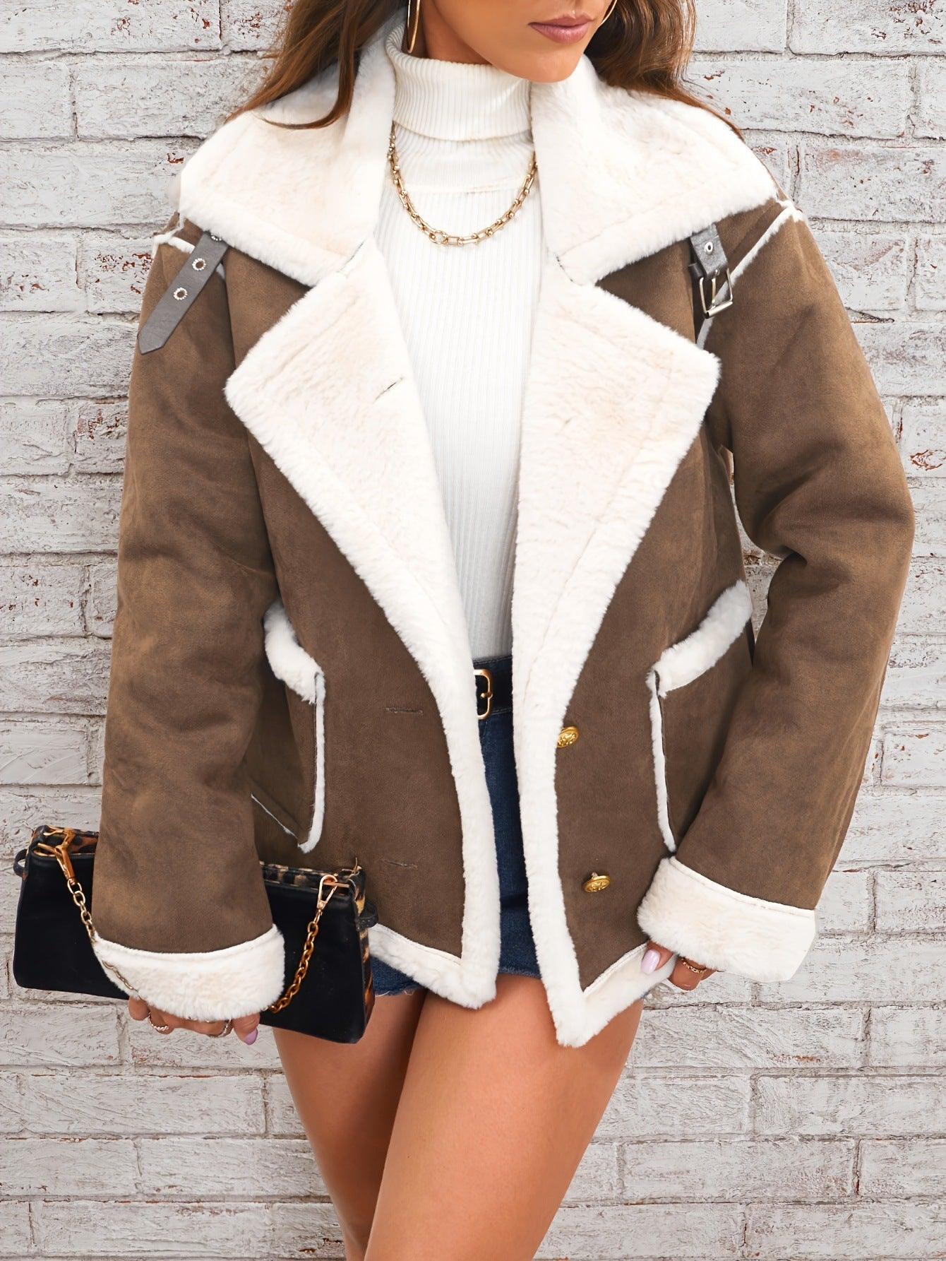 Chic Plush Polo Collar Jacket for Elegant Winter Wear - Vogue Aura