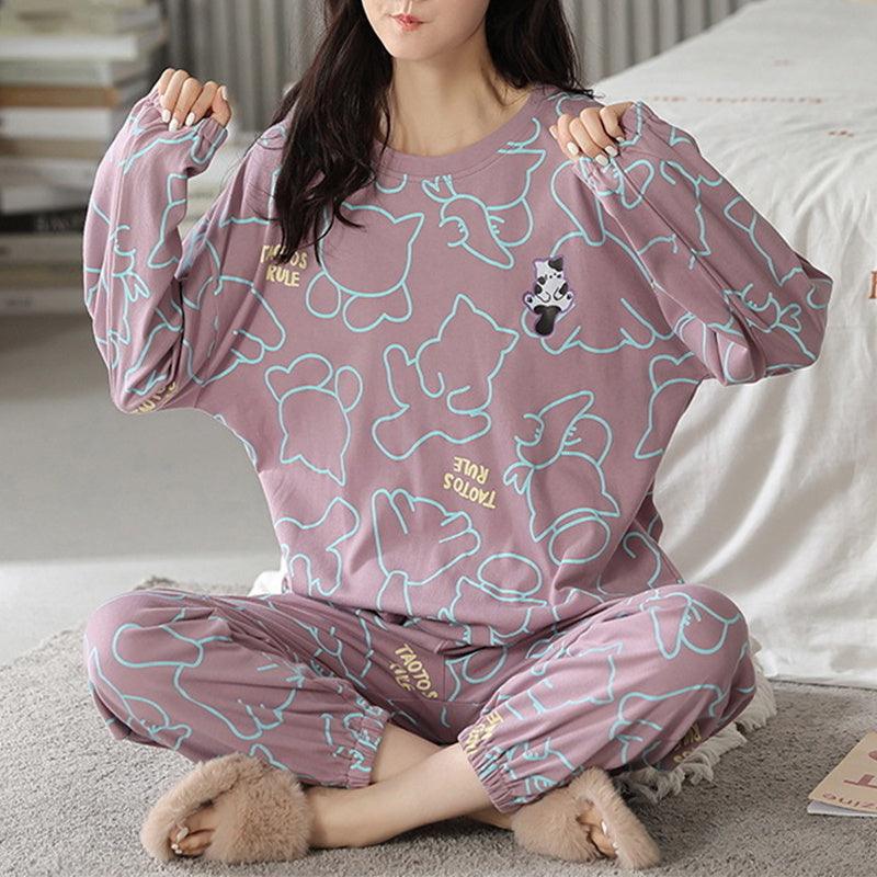 Chic Printed Pajama Set for Women - Elegant Long Sleeve Top and Trousers - Vogue Aura