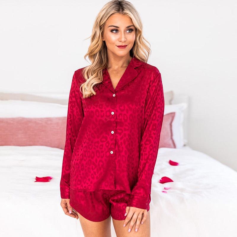 Chic Red Jacquard Long Sleeve Pajama Set for Women - Vogue Aura