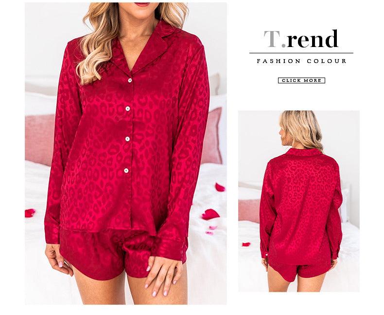 Chic Red Jacquard Long Sleeve Pajama Set for Women - Vogue Aura