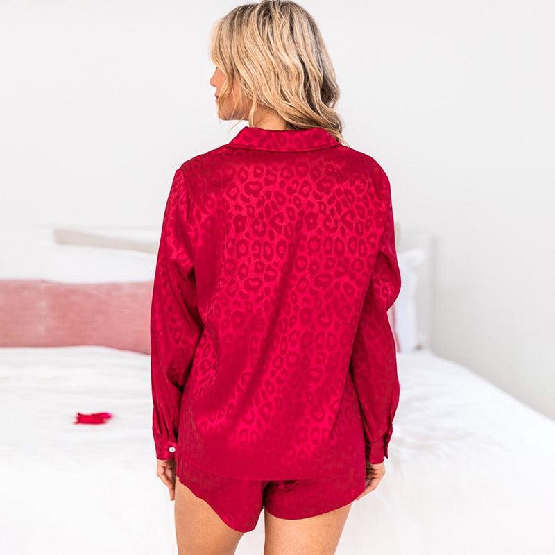 Chic Red Jacquard Long Sleeve Pajama Set for Women - Vogue Aura