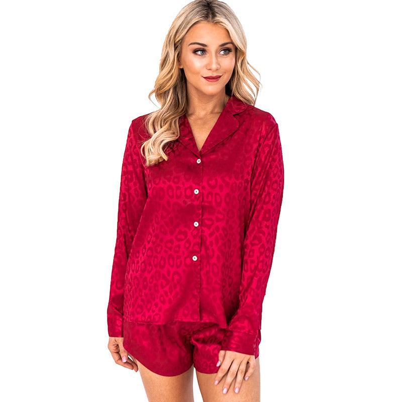 Chic Red Jacquard Long Sleeve Pajama Set for Women - Vogue Aura