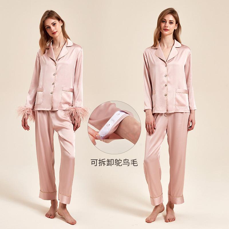 Chic Removable Feathered Ice Silk Pajama Set for Women - Vogue Aura