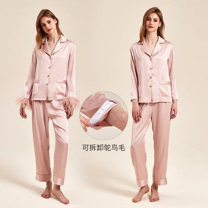 Elegant Feathered Ice Silk Pajama Set for Women - Vogue Aura