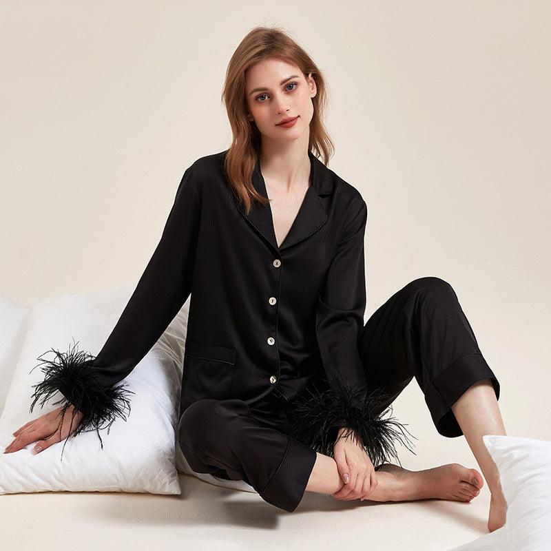 Chic Removable Feathered Ice Silk Pajama Set for Women - Vogue Aura