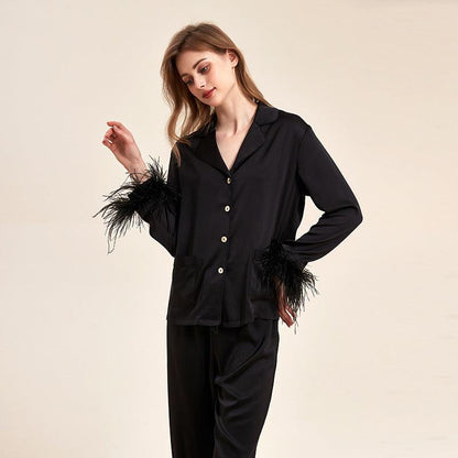 Elegant Feathered Ice Silk Pajama Set for Women - Vogue Aura