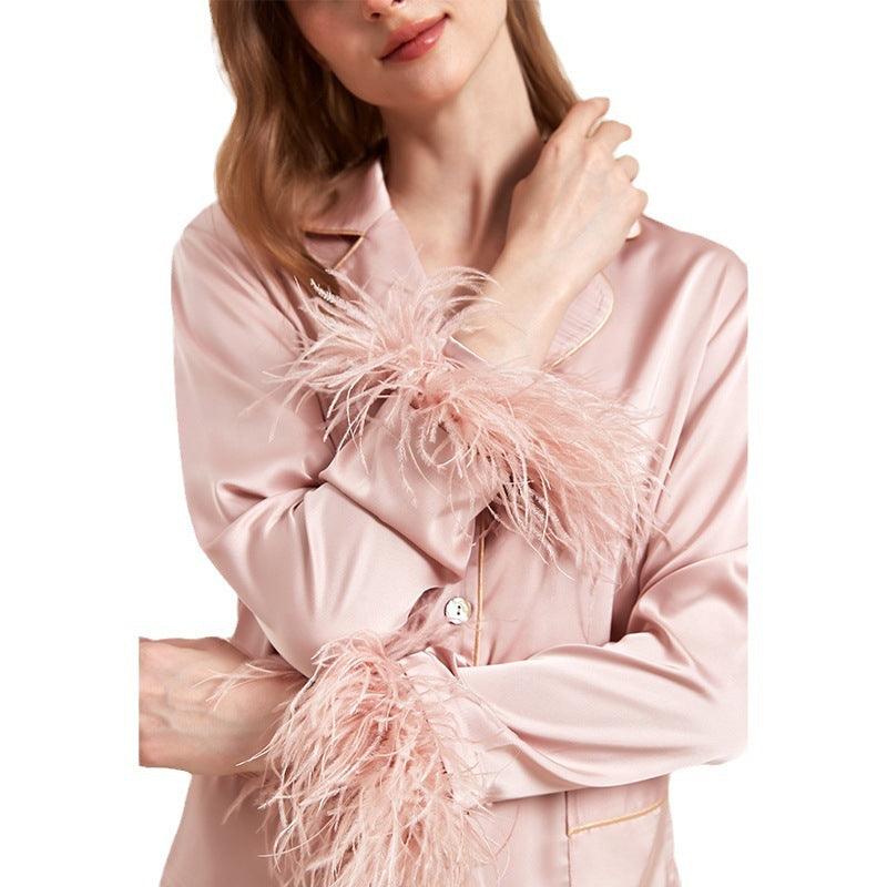 Chic Removable Feathered Ice Silk Pajama Set for Women - Vogue Aura