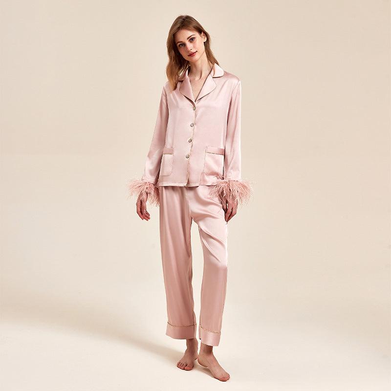 Elegant Feathered Ice Silk Pajama Set for Women - Vogue Aura