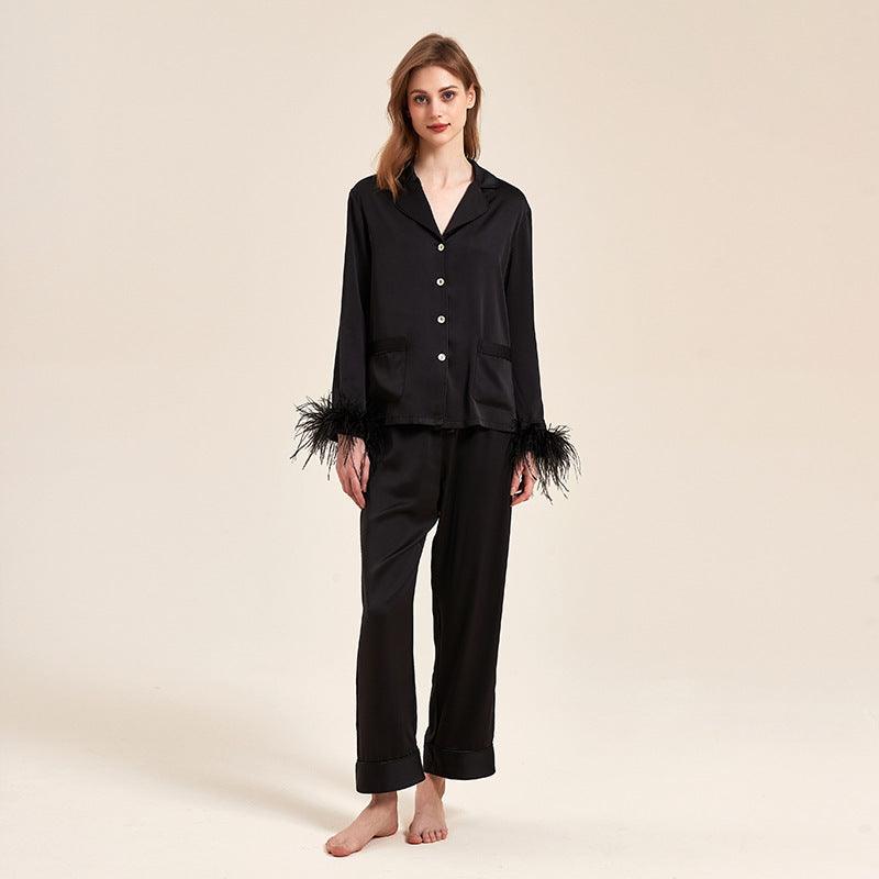 Chic Removable Feathered Ice Silk Pajama Set for Women - Vogue Aura