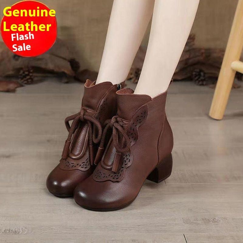 Chic Retro Ethnic Soft Leather Stiletto Boots for Women - Vogue Aura