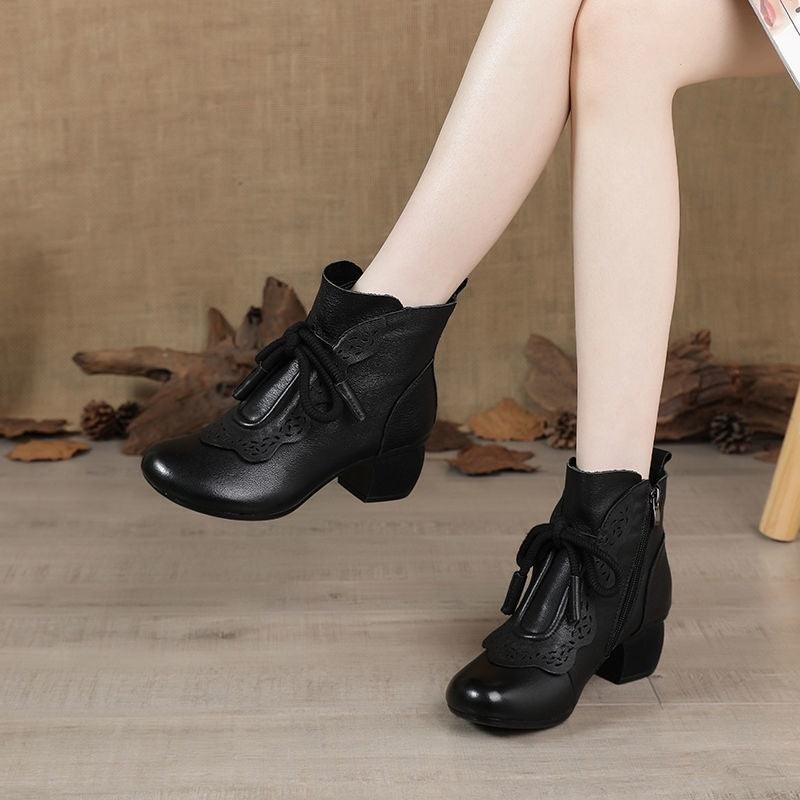 Chic Retro Ethnic Soft Leather Stiletto Boots for Women - Vogue Aura