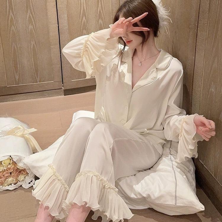 Chic Ruffled Silk Pajama Set for Women - Vogue Aura