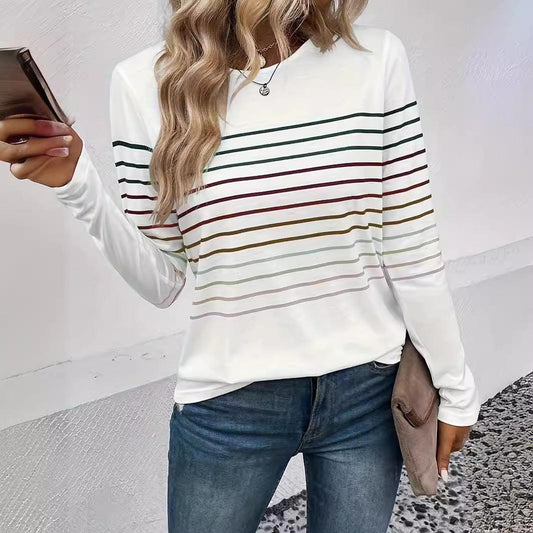 Chic Striped Drop-Shoulder Long Sleeve Tee - Vogue Aura