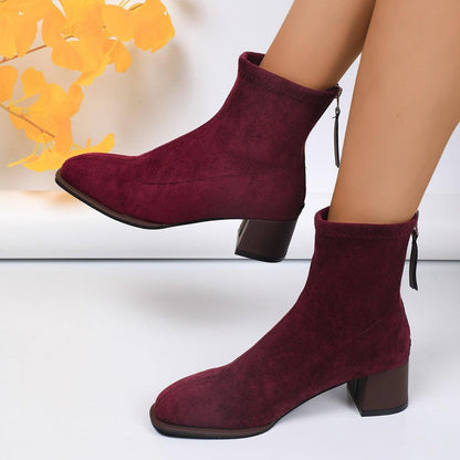 Chic Suede Round Toe Chunky Heel Ankle Boots for Women - Vogue Aura