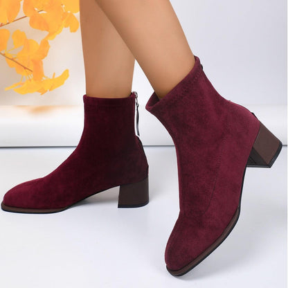 Chic Suede Round Toe Chunky Heel Ankle Boots for Women - Vogue Aura