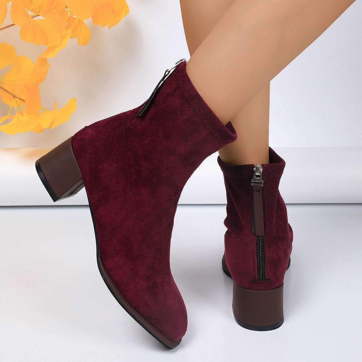 Chic Suede Round Toe Chunky Heel Ankle Boots for Women - Vogue Aura