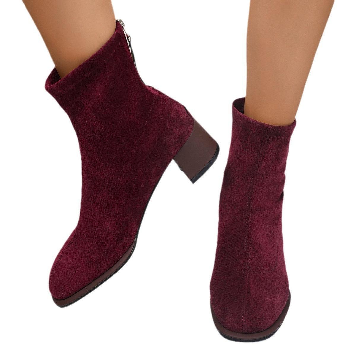 Chic Suede Round Toe Chunky Heel Ankle Boots for Women - Vogue Aura