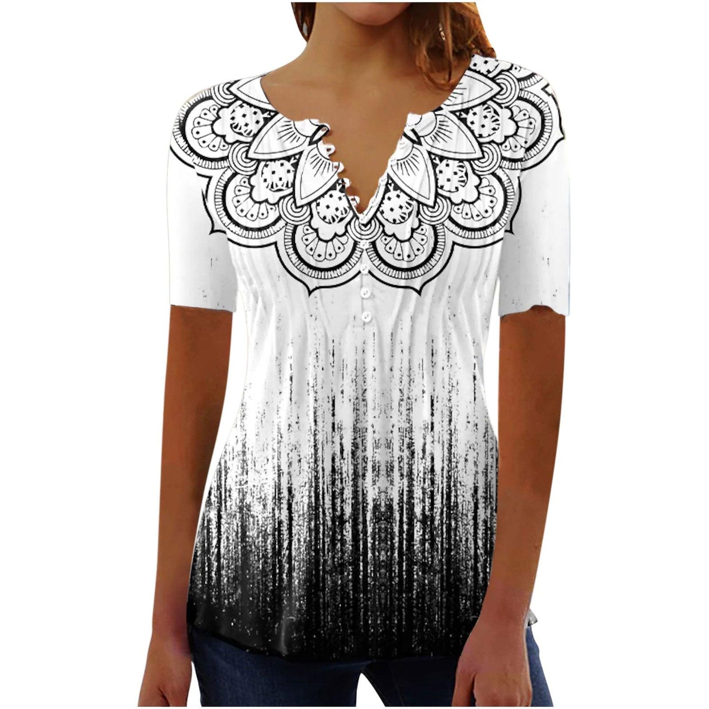 Chic 3D Printed Pleated Casual Round Neck T-Shirt for Women - Vogue Aura