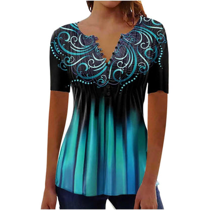 Chic 3D Printed Pleated Casual Round Neck T-Shirt for Women - Vogue Aura