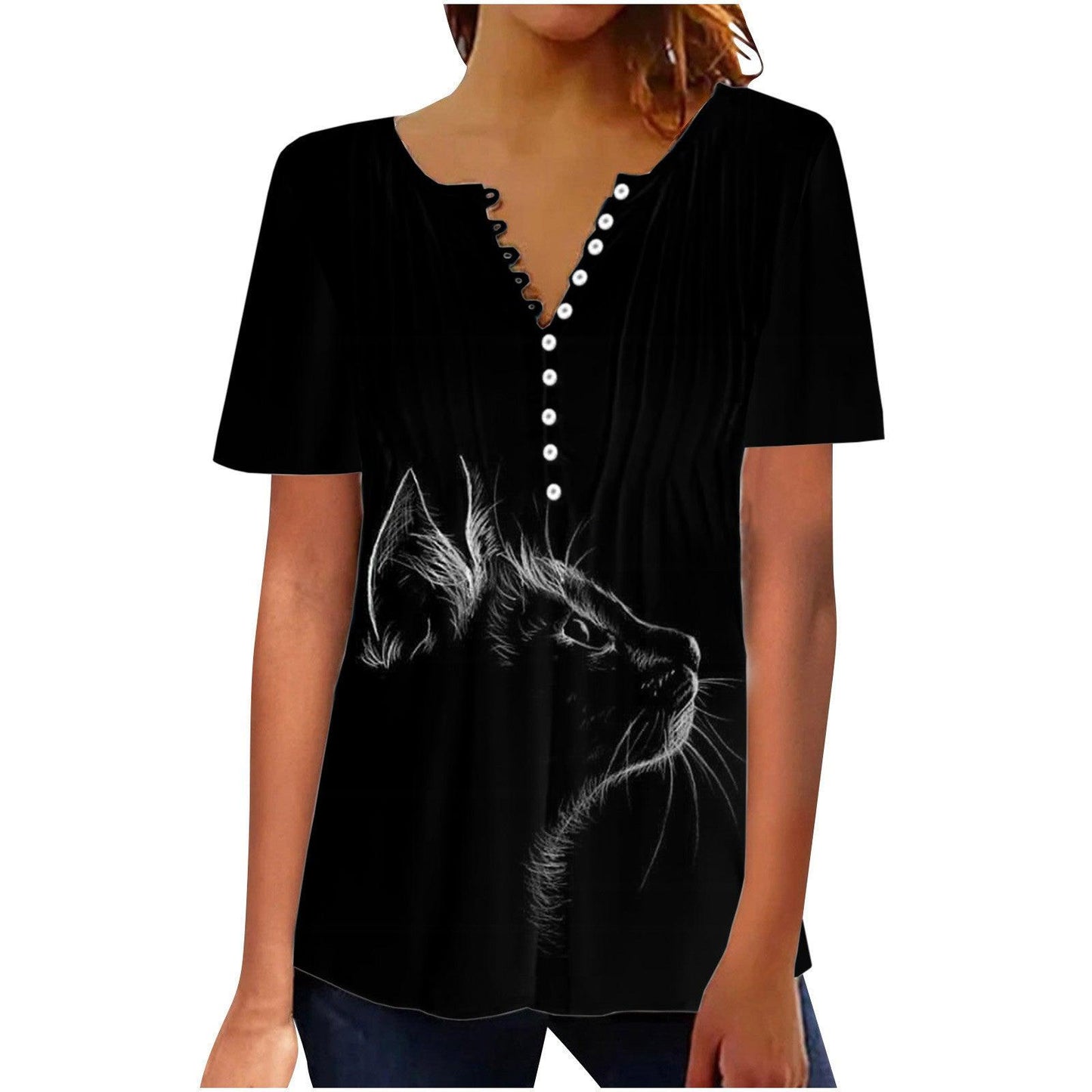 Chic 3D Printed Pleated Casual Round Neck T-Shirt for Women - Vogue Aura