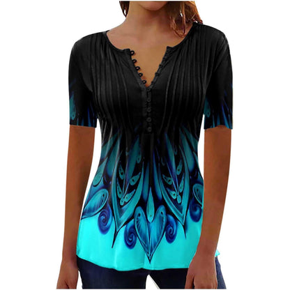 Chic 3D Printed Pleated Casual Round Neck T-Shirt for Women - Vogue Aura