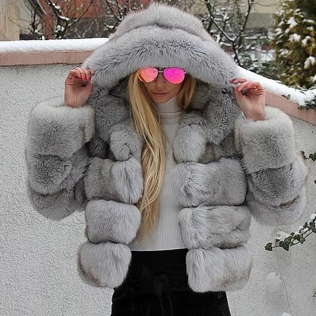 Elegant Faux Fur Patchwork Hooded Jacket for Women - Vogue Aura