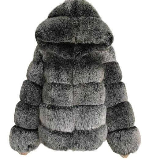 Elegant Faux Fur Patchwork Hooded Jacket for Women - Vogue Aura