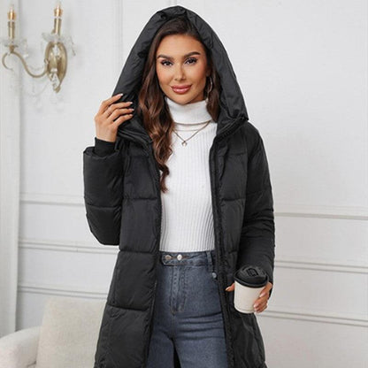 Chic Women's Hooded Mid-Length Coat for Stylish Warmth - Vogue Aura