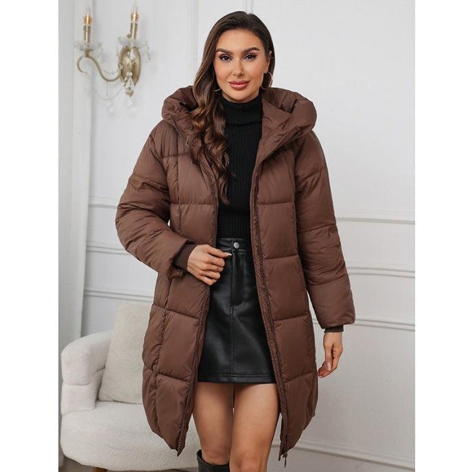 Chic Women's Hooded Mid-Length Coat for Stylish Warmth - Vogue Aura