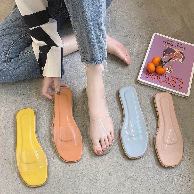 Chic Transparent Square Toe Flat Slippers with Thick Heel for Women - Vogue Aura