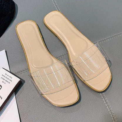 Chic Transparent Square Toe Flat Slippers with Thick Heel for Women - Vogue Aura