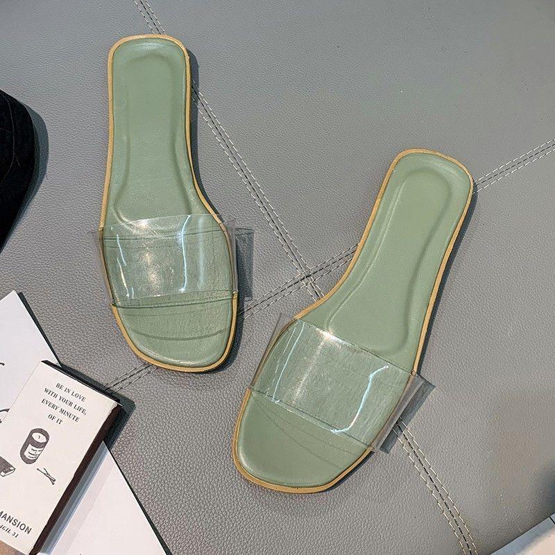 Chic Transparent Square Toe Flat Slippers with Thick Heel for Women - Vogue Aura