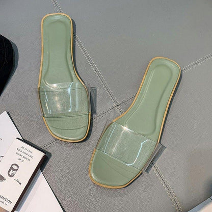 Chic Transparent Square Toe Flat Slippers with Thick Heel for Women - Vogue Aura