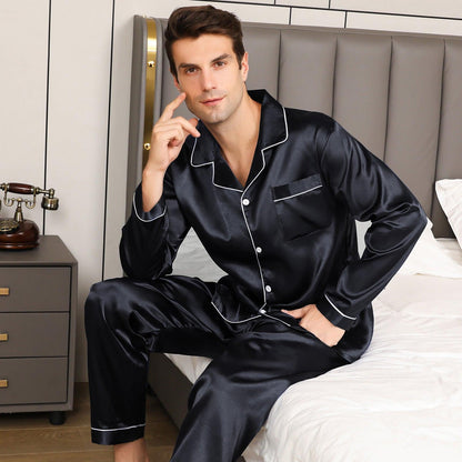 Elegant Ice Silk Men's Long Sleeve Pajama Set in Plus Sizes - Vogue Aura