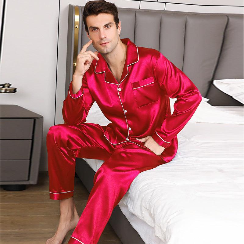 Elegant Ice Silk Men's Long Sleeve Pajama Set in Plus Sizes - Vogue Aura