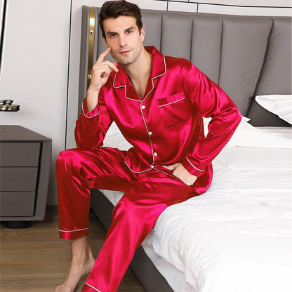 Comfortable Ice Silk Men's Long Sleeve Pajama Set in Plus Sizes - Vogue Aura