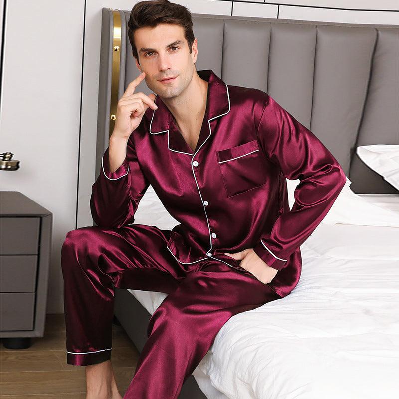 Elegant Ice Silk Men's Long Sleeve Pajama Set in Plus Sizes - Vogue Aura