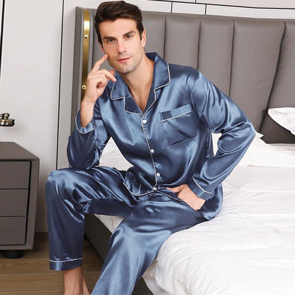 Comfortable Ice Silk Men's Long Sleeve Pajama Set in Plus Sizes - Vogue Aura